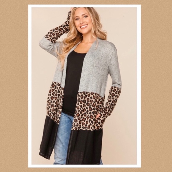 💼 Leopard / Animal Print Open Cardigan w/ Color Block - Picture 1 of 4